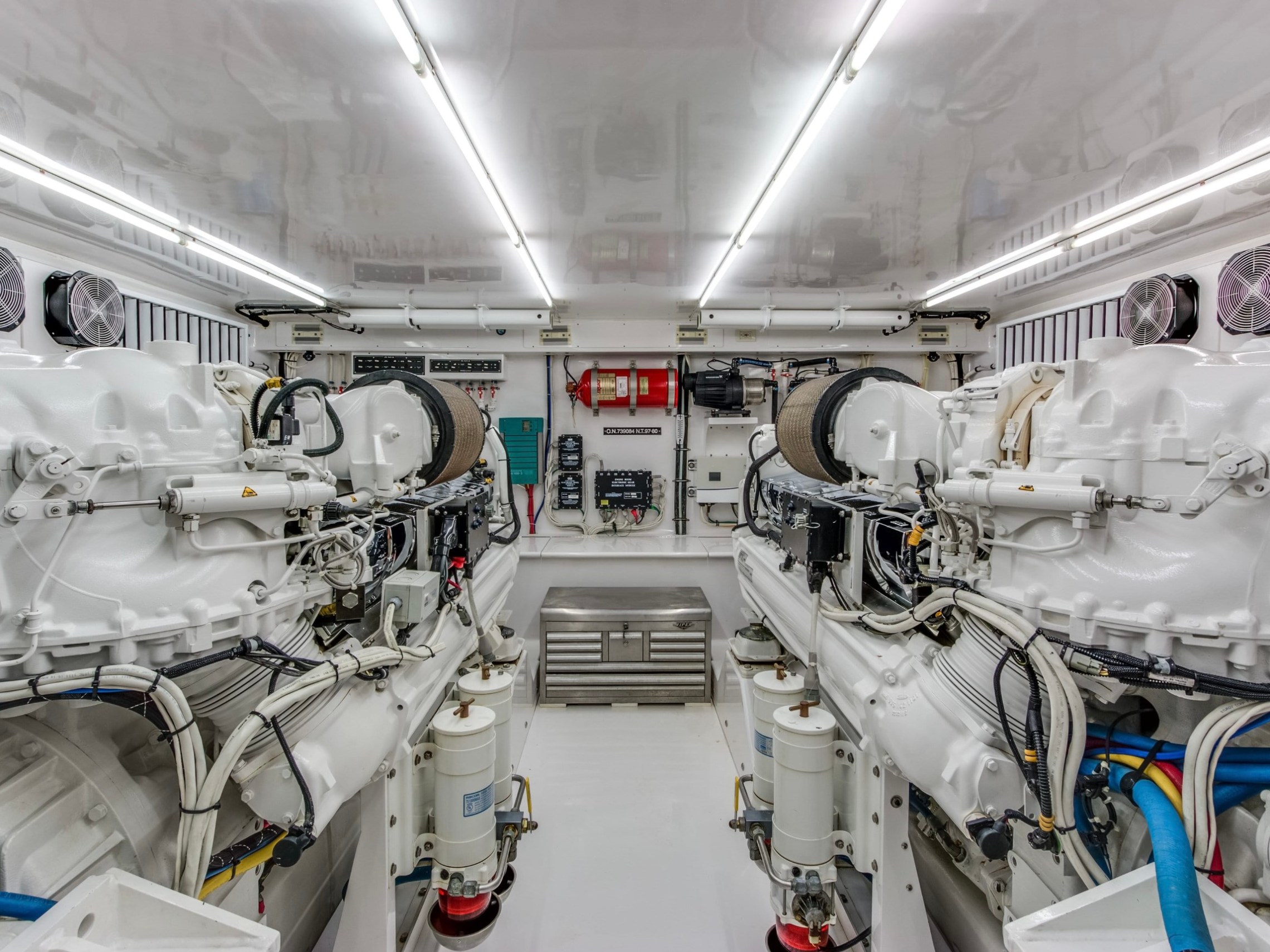 Engine room of a large yacht for charter.